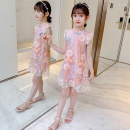 Girl Dresses Pretty Girls Summer Sleeve Mesh Cotton Flower Embroidery Knee-length Sheath Dress Kids Children Cheongsam 3-12Y