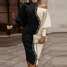 Casual Dresses Women Elegant Geo Print Off Shoulder Lantern Sleeves Midi Formal Party Working