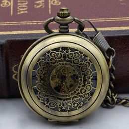 Pocket Watches Men's Mechanical Watch Classic Skeleton Hand Winding Chain Clock Male Retro Bronze Hollow Case For Men Women PJX1324