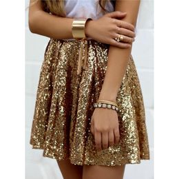 Skirts Women Bottoms Gold A-line Sequin Skirt Bling Short Party Pleated Summer Ladies High Waist Night Out Club Mini SkirtSkirts