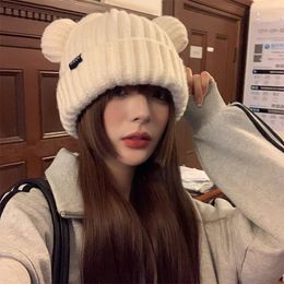 Berets Winter Beanie Hat For Women Bear Knitting Cap Autumn 2023 Warm Thickening Cute Protective Ear Wool