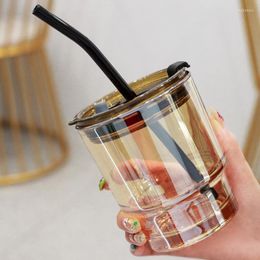 Wine Glasses 420ml 450ml Amber Glass Cup Latte Coffee Mug INS Transparent Grey Tea Milk Beertea Juice Straw Drinking Utensil