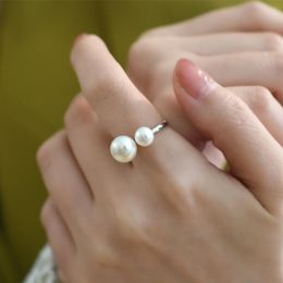 Cluster Rings Charm Natural Freshwater Pearl 925 Sterling Silver Double Opening Adjustable Ring Fashion Jewelry For Women