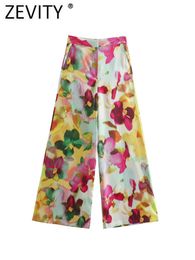 Women's Pants Capris Zevity Women Vintage Ink Painting Floral Print Casual Wide Leg Pants Female Chic Zipper Fly Long Trousers Pantalones Mujer P1840 230204