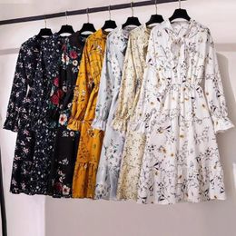 Casual Dresses Summer Women Dress Ladies Korean Vintage Floral Printing Chiffon Shirt Long Sleeve Bow Midi Vestido