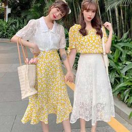 Robes de fête de style coréen imprimés floraux vêtements d'été robe jaune jupe t-shirt pour ies copine cadeau