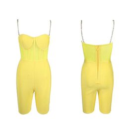 Women's Jumpsuits & Rompers Women Yellow Black Bandage Bodysuit Sexy Mesh Patchwork Spaghetti Strap Solid Summer Short Playsuit WholesaleWom