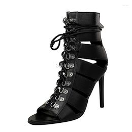 Dress Shoes 2023 Fashion Black Summer Sandals Lace Up Cross Tied Peep Toe High Heel Ankle Strap Net Surface Hollow Out Women's