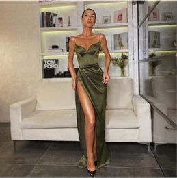 High Slit Long Sexy Prom Dresses Backless Spaghetti Straps Satin Formal Occasion Women Prom Party Gowns Custom Made Evening