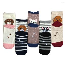 Women Socks Q6PB 5 Pairs Womens Korean Harajuku Cartoon Cotton Crew Cute Kawaii Funny Puppy Dog Ankle Printed Casual Animal Mid Tube