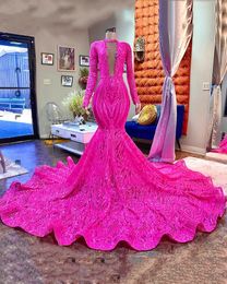 Sparkling Fuchsia Sequined Mermaid Prom Dresses Long Sleeves Sexy Deep V-Neck African Rose Red Reception Gowns Black Girls Engagement Formal Evening Dress