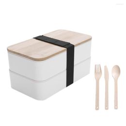 Dinnerware Sets Bento Box Japanese -Lunch With Compartments-3 Piece Cutlery-Lunch Bamboo Lid For Children & Adults(White)