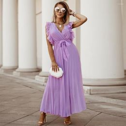 Casual Dresses Sexy Lotus Leaf Sleeve Chiffon Pleated Skirt Solid Colour Dress Bandage Y2k Temperament Beach Long Fashion Slim