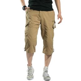 Men's Shorts Long Length Cargo Men 2023 Summer Knee Multi Pocket Casual Cotton Elastic Waist Bermudas Male Military Style OMen's