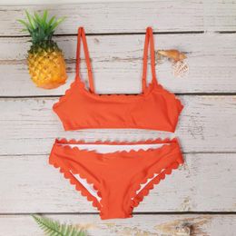 Women's Swimwear Two-Piece Lace-up Scalloped Textured High Waisted Padded Wire Lace Bikini Swimsuit Set Bathing Suit Beachwear Summer