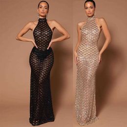 Fashion Sexy Backless Nightclub Party Formal Dress Rhinestone Sequined See