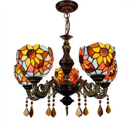 Chandeliers Stained Glass Living Room Dining Chandelier 24 " Retro Creative Sunflower Crystal Pendent Light