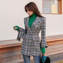 Women's Suits & Blazers Autumn Winter Women Woolen Suit Blazer Casual Double Breasted Pocket Jackets Elegant Long Sleeve Plaid Outerwear