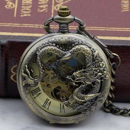 Pocket Watches Vintage Bronze Chinese Style Dragon Design Mechanical Watch With Necklace Fob Chain PJX1329