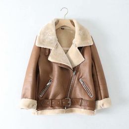 Women's Leather & Faux Sheepskin Coat Autumn Winter Turn Down Collar Ladies Jacket With Belt Streetwear Soft Warm Jackets For Fe