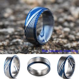 Wedding Rings 8mm Men's Damascus Band IP Blue Plated Step Edge Classic Real Steel Anniversary Engagement For Men Women