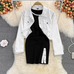 Casual Dresses Fashion Women Design Sense Short Coat And Girl Black Split Vest Dress Two-piece Set For Autumn 2023