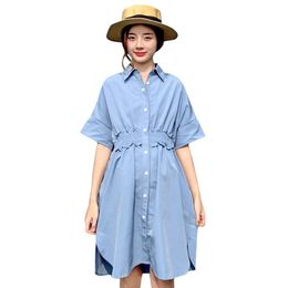 Maternity Dresses Blue Clothes For Summer Turn-down Collar Fashion Chiffon Dress Plus Size Slim Waist Pregnant Women Shirts Loose Blouse