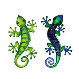 Garden Decorations 2pcs Metal Gecko Wall Art With Green Glass Painting For Outdoor Decoration Animal Statues And Sculptures BrotherGarden