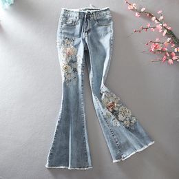 Women's Jeans Trousers Beaded Slim Fit Pants Embroidery Women High Waist Casual Jean Female Stretch Flare PantWomen's Women'sWomen's