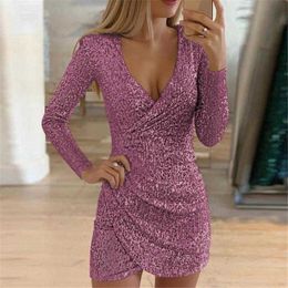 Autumn Sexy Casual Dresses V Neck Sheath Irregular Floor Length Skirt Sequins