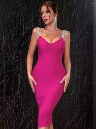 Casual Dresses Summer Sexy V Neck Sleeveless Crystal Chain Straps Women Bodycon Midi Dress Celebrity Birthday Party Bandage