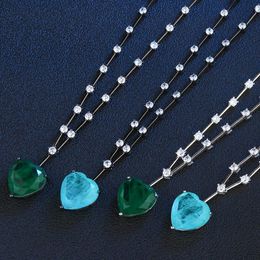 Pendant Necklaces EYIKA Luxury Fusion Crystal Stone Green Blue Heart Pendant Bamboo Link Chain Necklace for Women Charm Paraiba Tourmaline Collar G230206