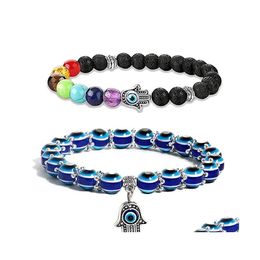 Link Chain 2Pcs/ Set Fashion Evil Blue Eye Acrylic Beads Bracelet For Women Turkish Hamsa Hand Fatima Palm 7 Chakras Volcanic Stone Dhecl