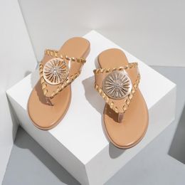 2023 Women Slippers Flip Flop Metal Crystal Female Beach Fashion Slides Ladies Summer Style Casual Comfort Flat Plus Size 958