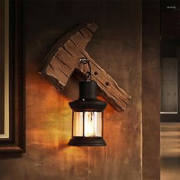 Wall Lamp Vintage Wood Iron Glass Light Pot Restaurant Bar Cafe Creative Industrial Sconce