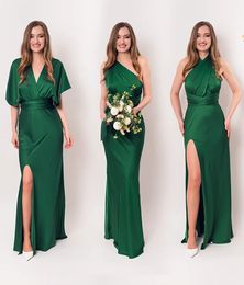Emerald Green Long Convertible Bridesmaid Dress Mermaid Side Split Silk Satin Wedding Guest Gowns Simple Elegant Women Prom Party Dresses Special Occasion