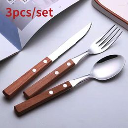 Dinnerware Sets 3pcs 304 Stainless Steel Creative Tableware Set Wooden Handle Spoon Steak Knife Fork Dessert Cutlery