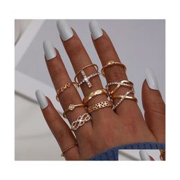 Bandringar Fashion Jewelry Knuckle Ring Set Gold Rhinestone Cross Circel Heart Crossed Shape Stacking Midi Set 11st/Set Drop Delive DHB6Q