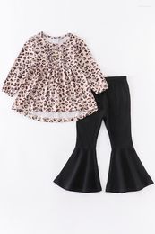 Clothing Sets Girlymax Fall/Winter Baby Girls Leopard Top Black Bell-bottoms Milk Silk Pants Boutique Outfits Set