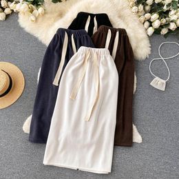 Skirts Plain High Waist Lace-up Corduroy Jupe A-line Mujer Faldas Long Split Bust Skirt Black Casual Women Clothes Drop