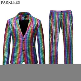 Men's Suits Blazers Mens Stage Prom Suits Gold Silver Rainbow Plaid Sequin Jacket Pants Men Dance Festival Christmas Halloween Party Costume Homme 230204