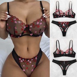 Sexy Set Erotic Lingerie Fashion Love Embroidery Plus Size G-string Mesh Three Point Style Push Up Bra Y2302