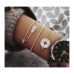 Bangle Est Bohemian Style Arrow Carved Compass Metallic Beads Chain Sier Charm Bracelet For Women Fashion Jewellery Set Drop Delivery Dhb5K