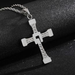 Pendant Necklaces HaoYi Stainless Steel Cross Men's Pendant Necklace Fast And Furious Dominic Toretto Same Paragraph Fashion Rhinestones Jewellery G230206