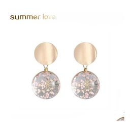 Stud Fashion Dried Flower Glass Sequin Dangle Hanging Earrings For Women Wedding Transparent Ball Gold Plating Drop Jewellery Delivery Dh1Um