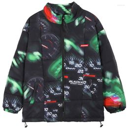 Men's Down BOKEZL Winter Thick Oversized Parka Coats Spliced Racing Suit Pattern Printed Zipper Jacket Women Hip Hop Black Streetwear