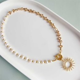 Pendant Necklaces KKBEAD Luxury Zircon Sun Pendant Necklaces Choker For Women Gift Ins Fashion Natural Freshwater Pearl Necklace G230206