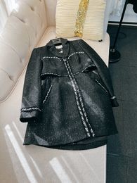 2023 Spring Black Solid Colour Panelled Tweed Dress Long Sleeve Lapel Neck Rhinestone Short Casual Dresses J3F067544