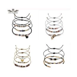 Beaded Strands 3Pcs/Lot Bead Bracelet For Women Mticolor Crystal Series Tandem Leaf Heart Round Geometric Pendant Woven Wax Rope Di Dhdap