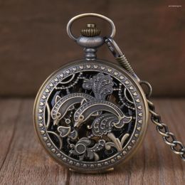 Pocket Watches Vintage Carved Hollow BronzeCute Dolphins Mechanical Watch Fashion Style Christmas Gift Pendant Steampunk